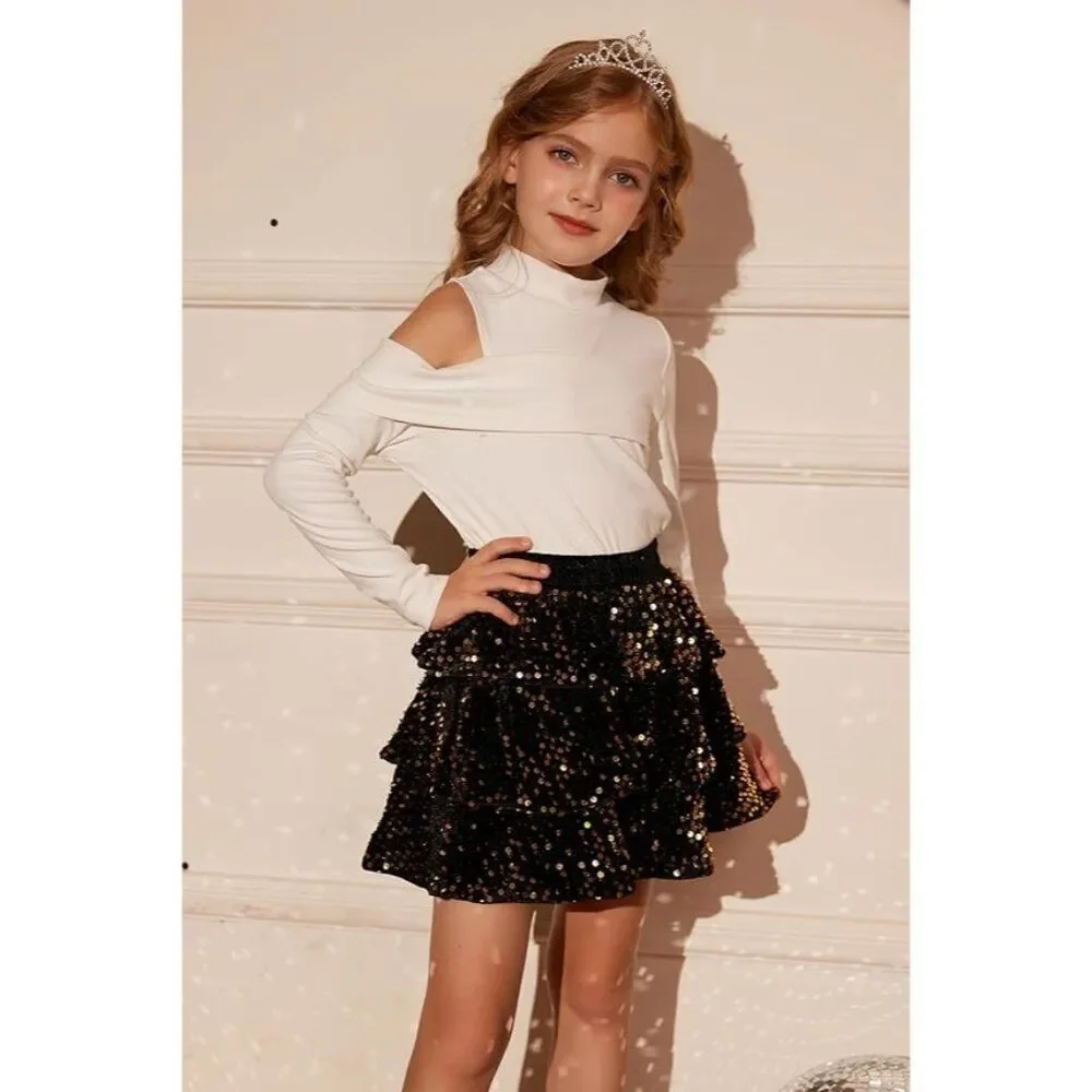 Grace Karin Girl's Sequin Ruffle Skirt - Gold/Black, Size 12Y - Picture 4 of 13
